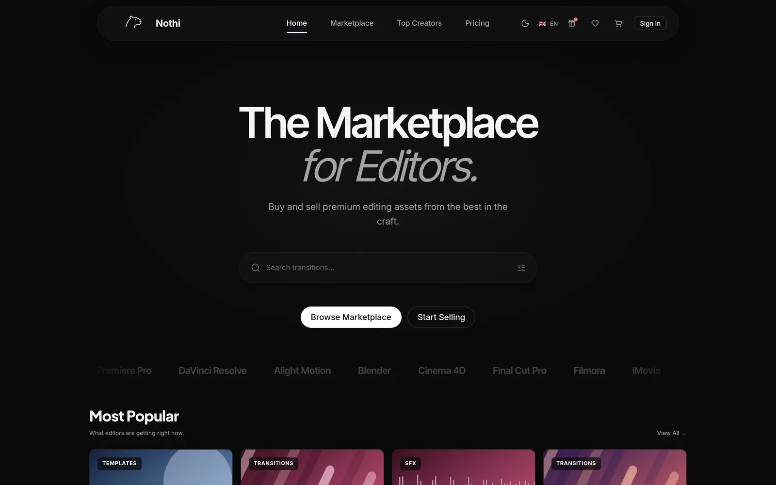 Nothi home page: The Marketplace for Editors, with a search bar and Browse Marketplace and Start Selling buttons