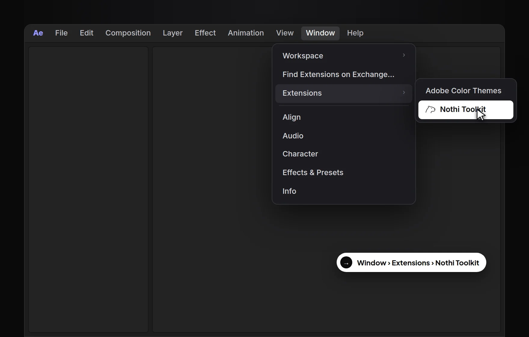 After Effects Window menu open on Extensions, with Nothi Toolkit highlighted