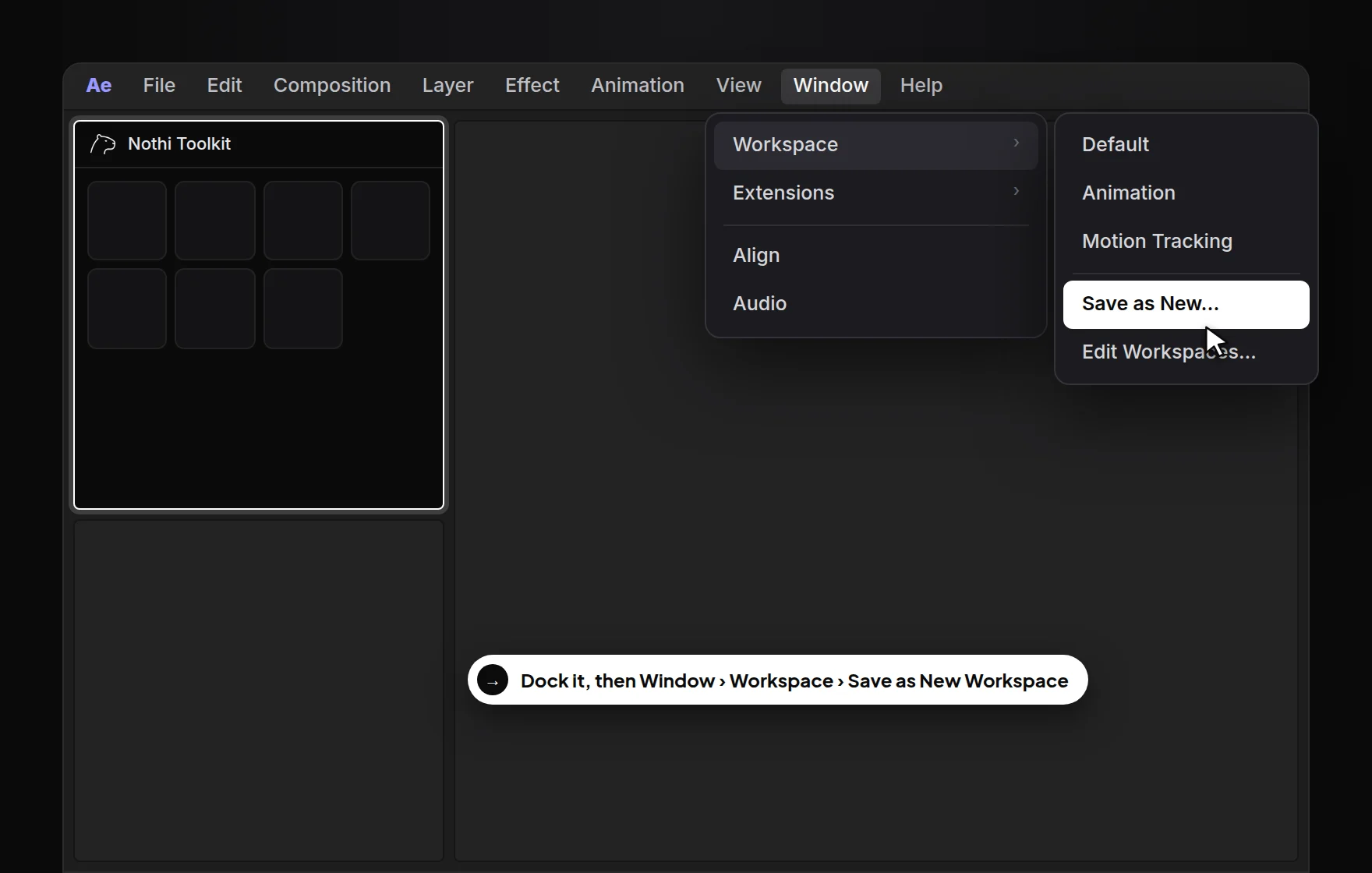 Nothi Toolkit docked on the left, and the Window, Workspace, Save as New Workspace menu