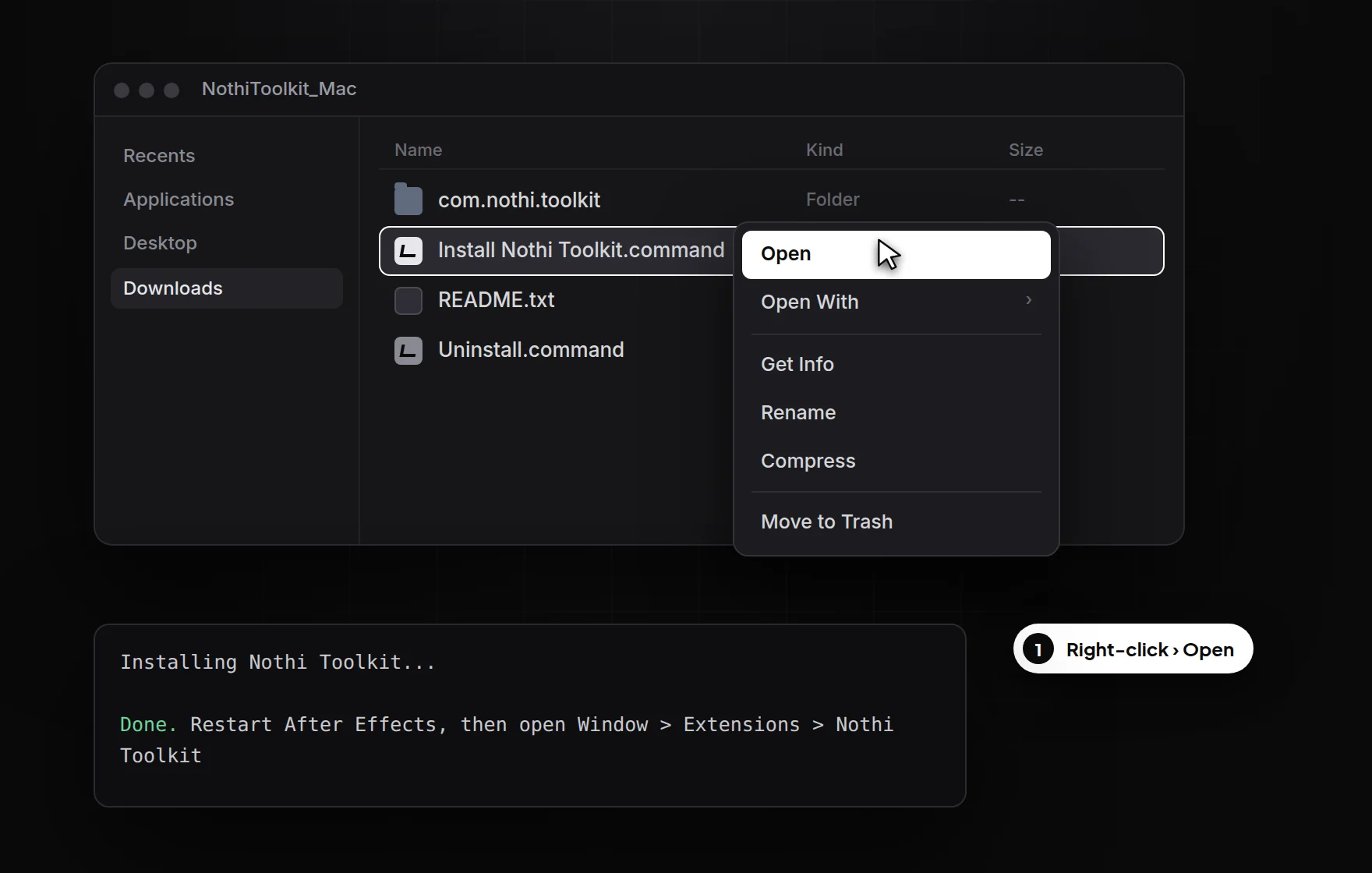 Finder window with Install Nothi Toolkit.command selected and Open highlighted in the right-click menu, and the Terminal confirmation below