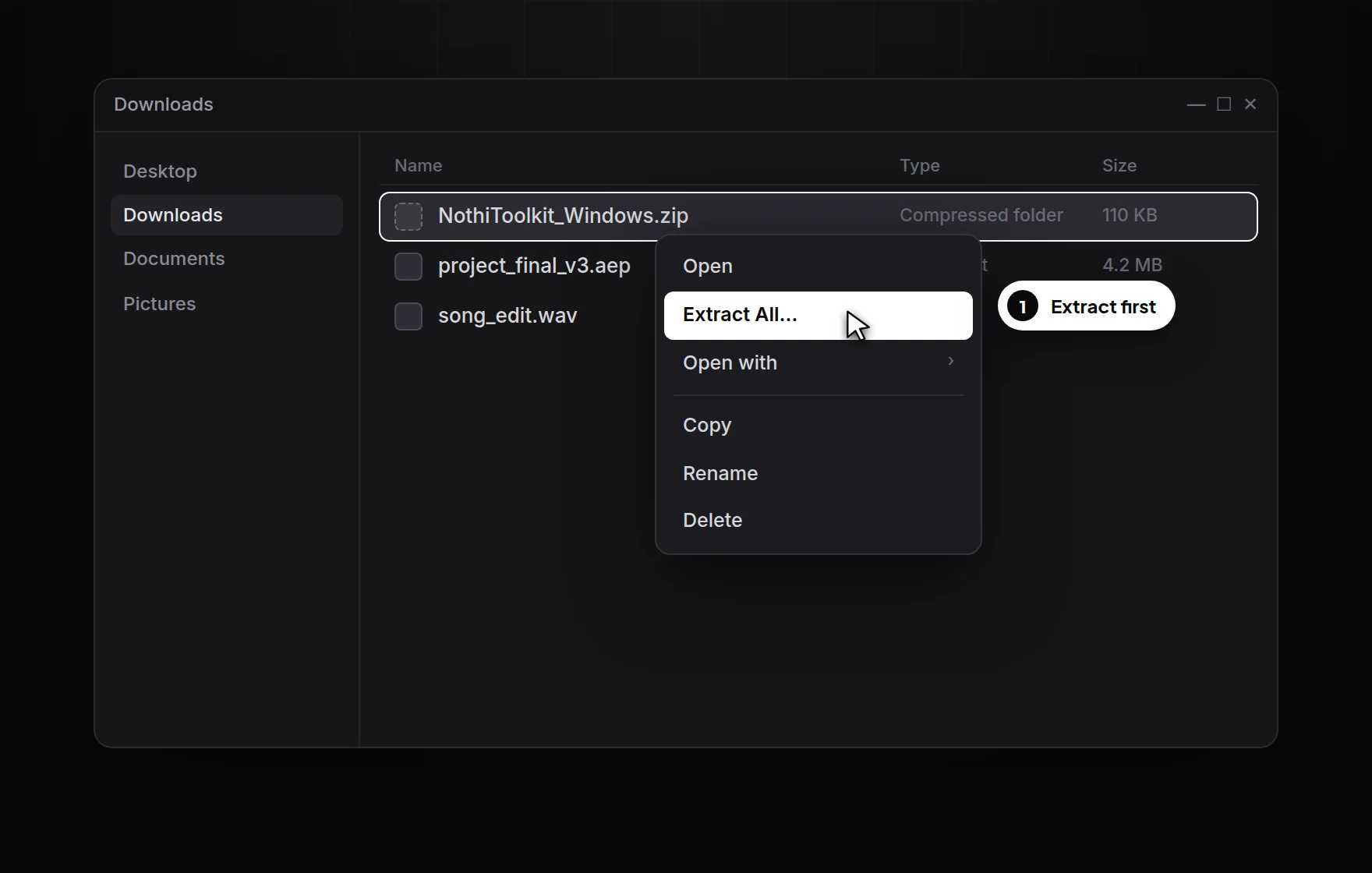 Downloads folder with the zip selected and the Extract All option highlighted in the right-click menu