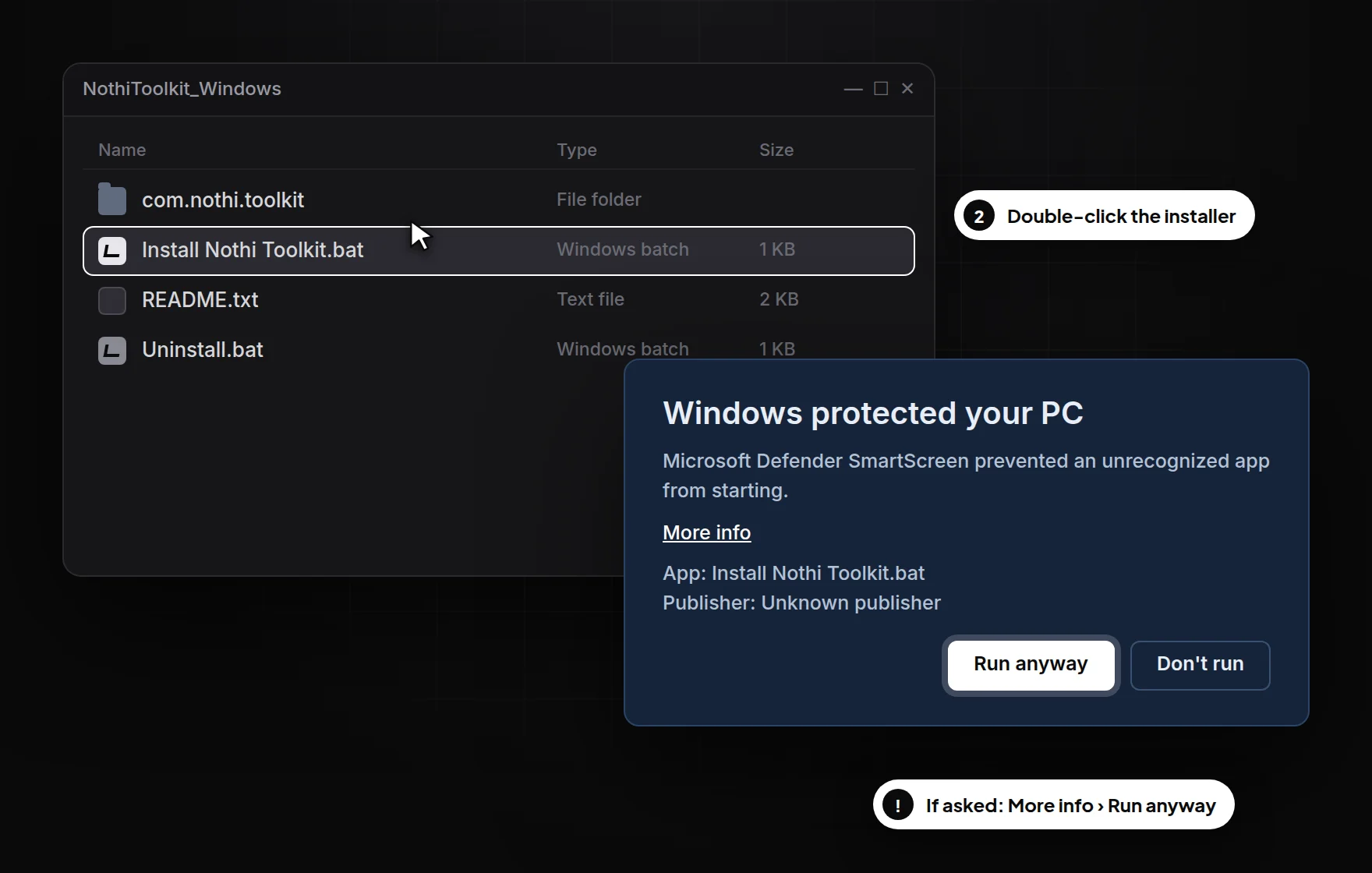 Extracted folder with Install Nothi Toolkit.bat selected, and the SmartScreen dialog with Run anyway highlighted