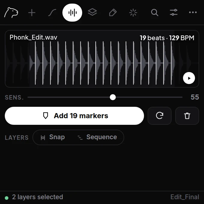 Beat tab: waveform of Phonk_Edit.wav with 19 beats at 129 BPM, Add 19 markers button, Snap and Sequence