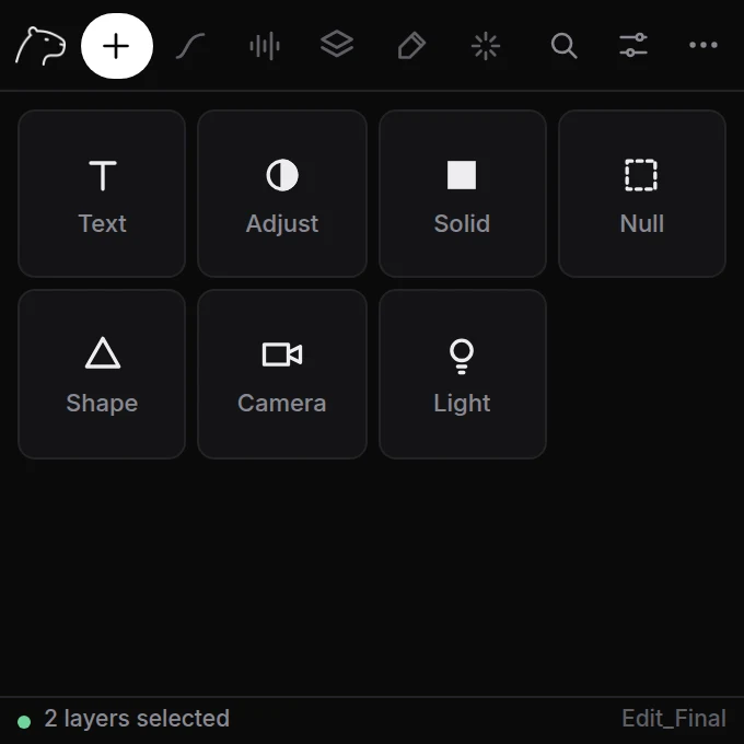 Create tab: tiles for Text, Adjust, Solid, Null, Shape, Camera and Light