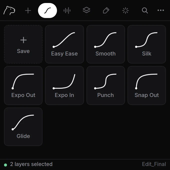 Curves tab: Save tile and eight presets drawn as curves
