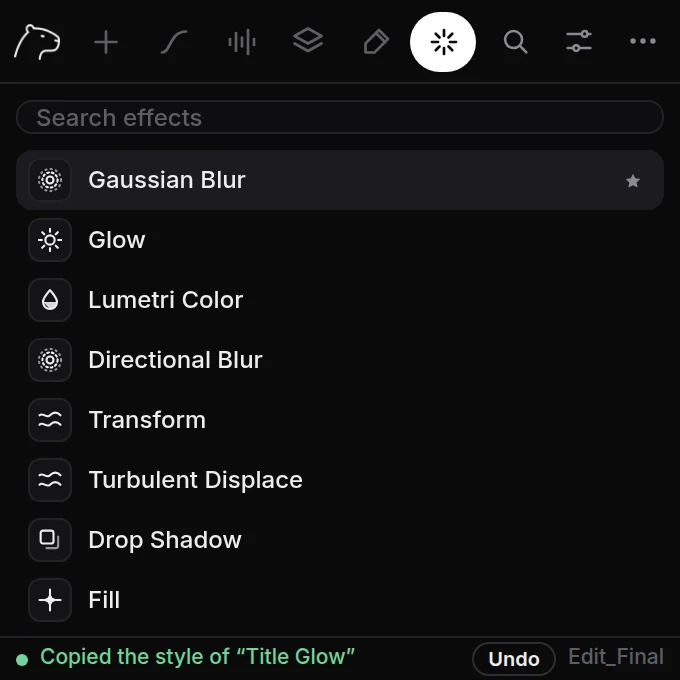 Effects tab: search field and a list of favorite effects