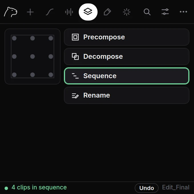 Layers tab: 9-point anchor grid, Precompose, Decompose and Rename buttons
