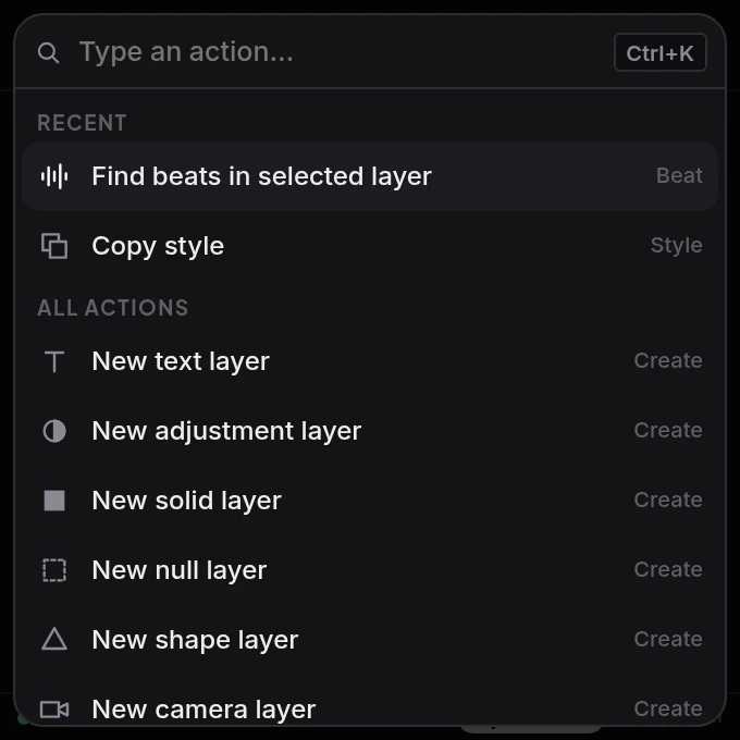 Search window listing recent actions, then all actions