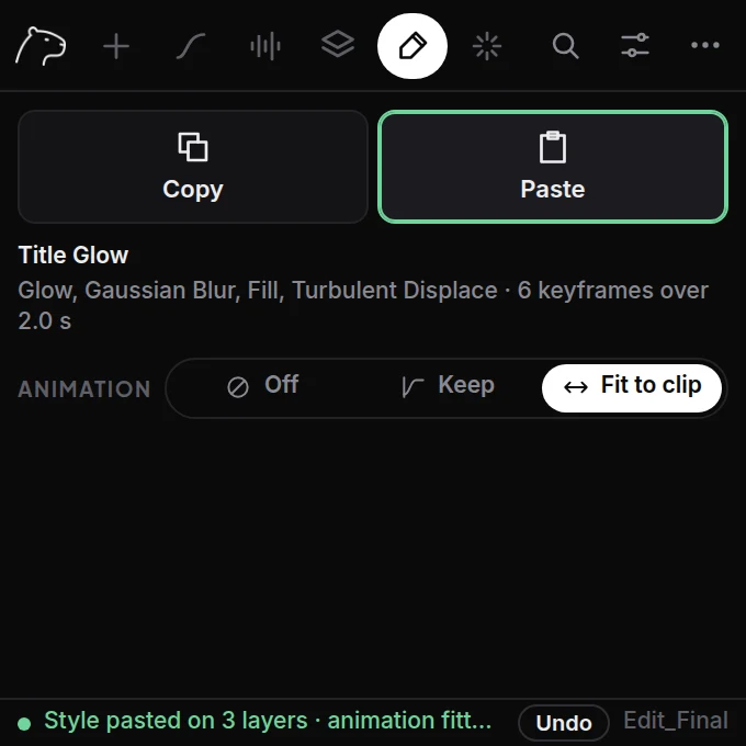 Style tab: Copy and Paste buttons, with the copied layer Title Glow and its effects